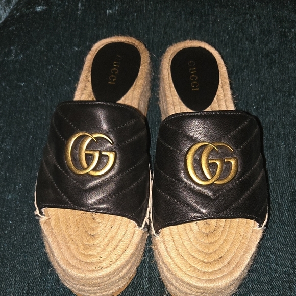 Gucci Black and Gold Espadrille Slides with Quilted Design - Picture 1 of 5